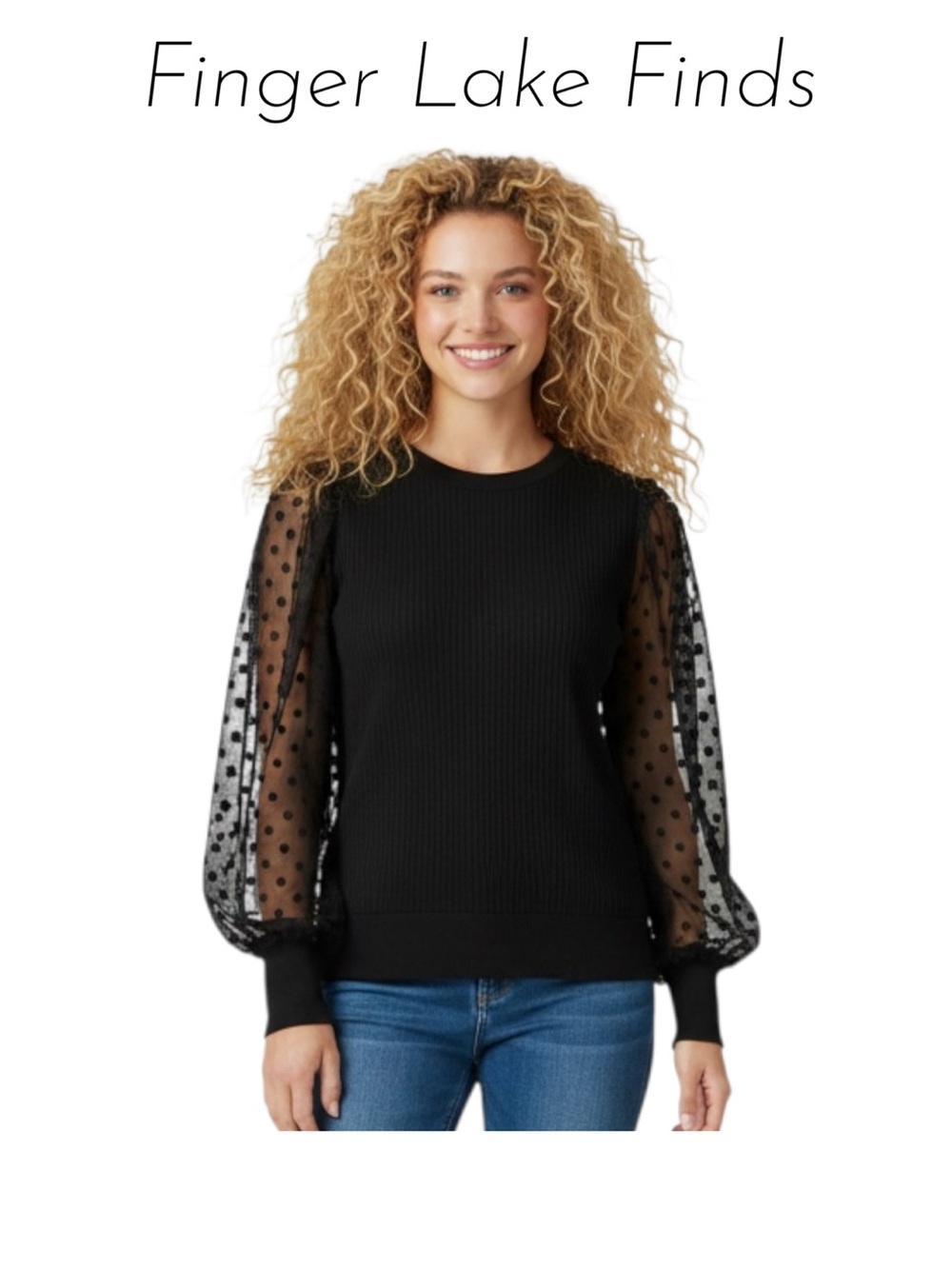 Lush Black Sheer Polka Dot Sleeve Top, XL